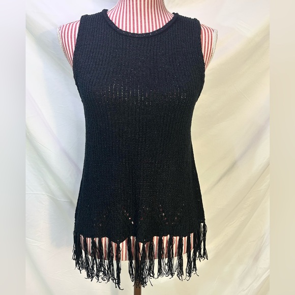 Anthropologie Pepin Black Knit Sleeveless Fringe Top Boho Whimsigoth Indie Sz XS - Picture 1 of 11
